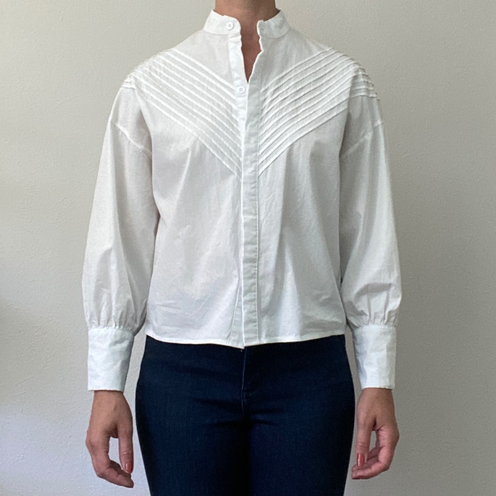 Rihoas White Chevron Button Down Cotton Blouse - Small